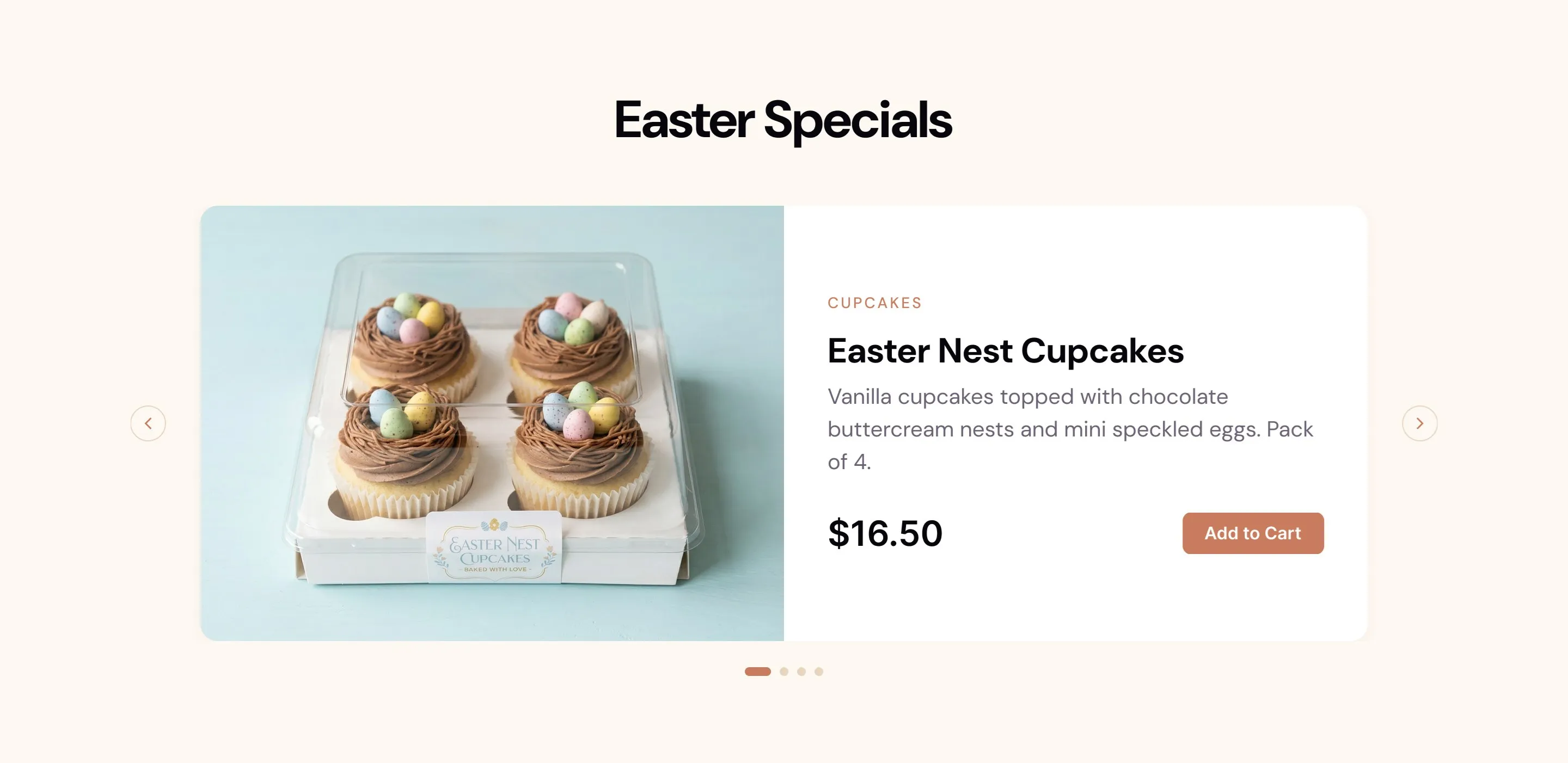 Easter Specials: a carousel card for Easter Nest Cupcakes, a pack of 4 for $16.50, with an Add to Cart button