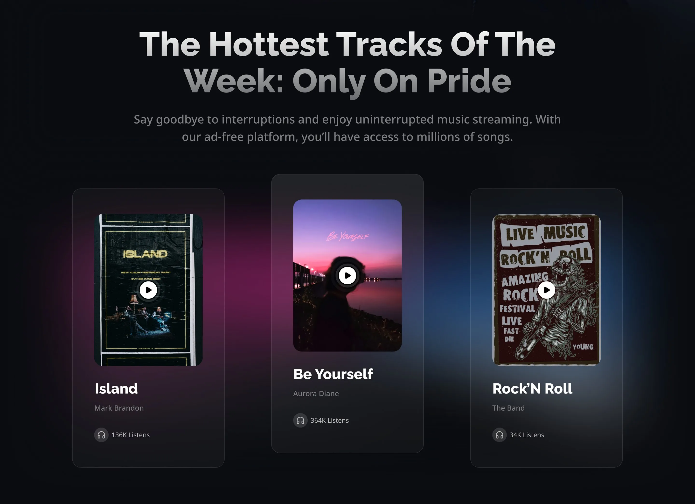 The Hottest Tracks of the Week: Only on Pride, with three track cards: Island by Mark Brandon, Be Yourself by Aurora Diane and Rock'N Roll by The Band
