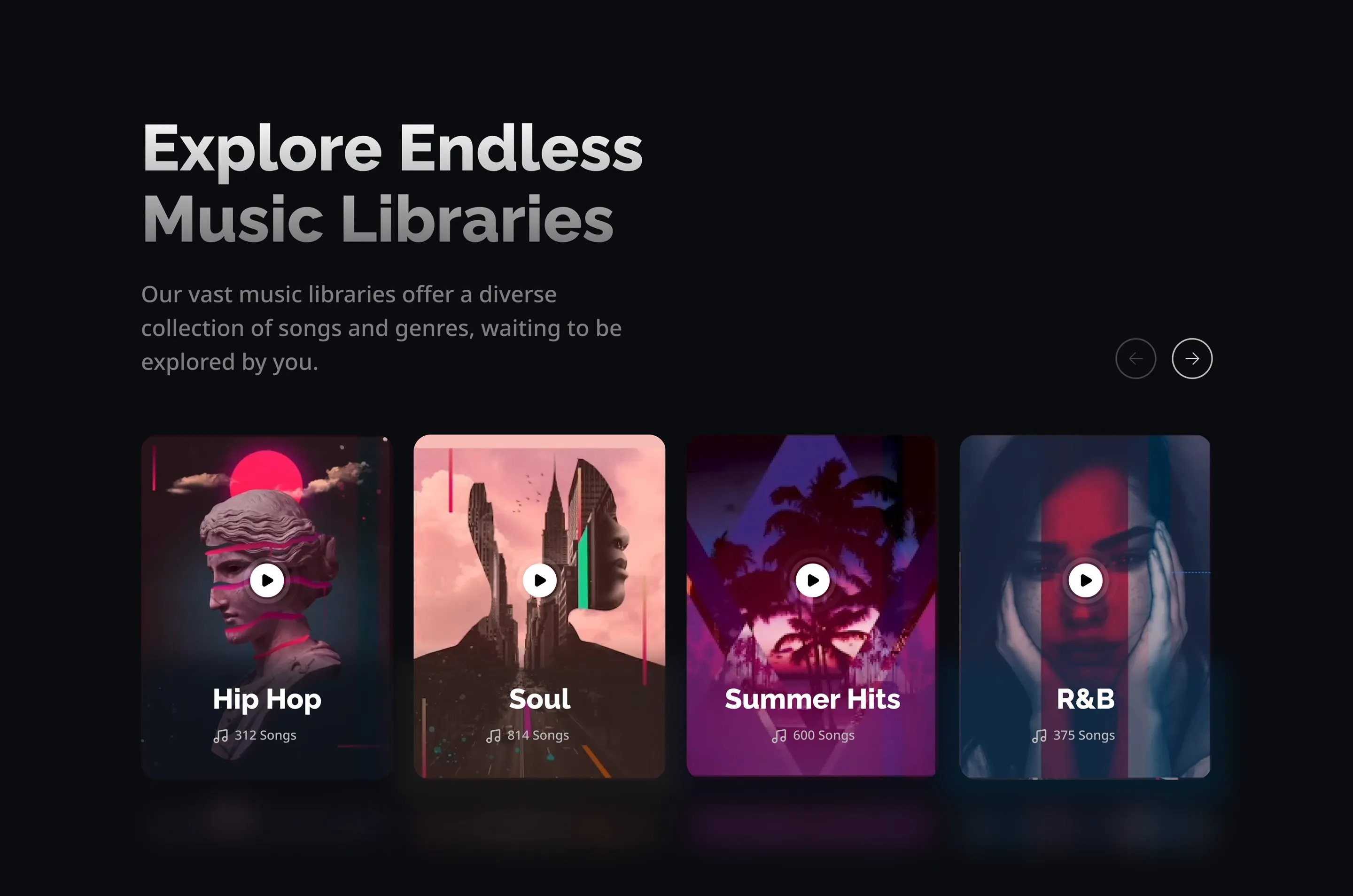 Explore Endless Music Libraries, with a card for each genre: Hip Hop, Soul, Summer Hits and R&B