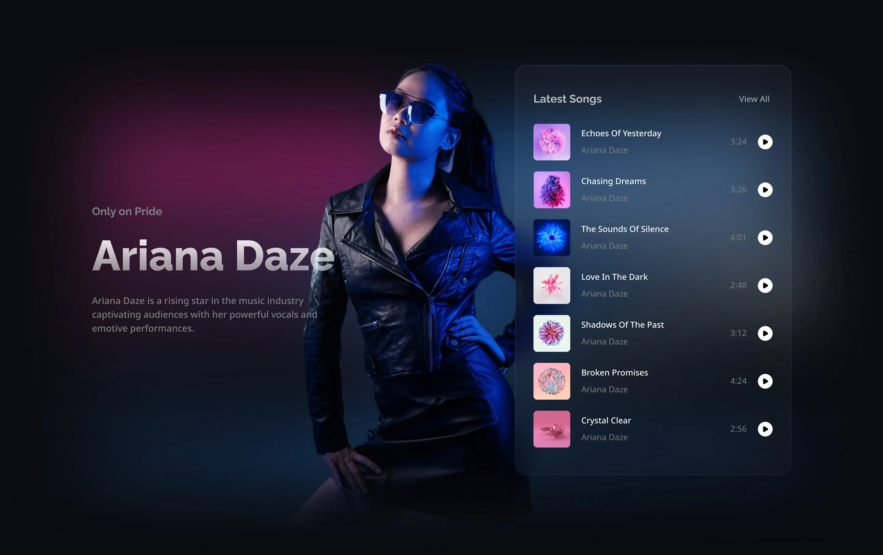 Ariana Daze, Only on Pride: her portrait beside a list of her latest songs, each with a play button