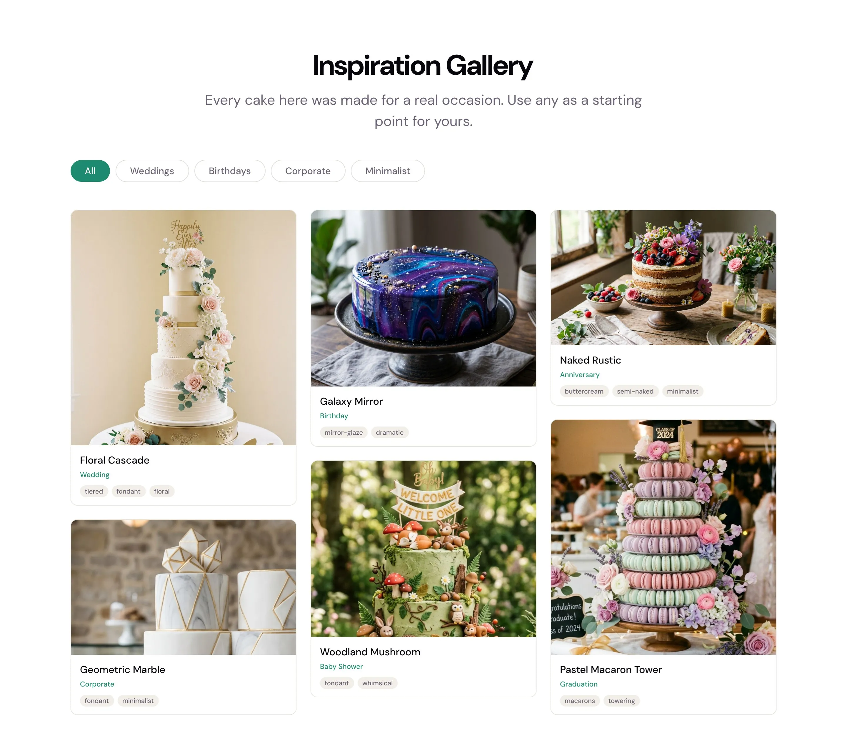 Inspiration Gallery: filters for Weddings, Birthdays, Corporate and Minimalist over cakes made for real occasions, from Floral Cascade to Pastel Macaron Tower