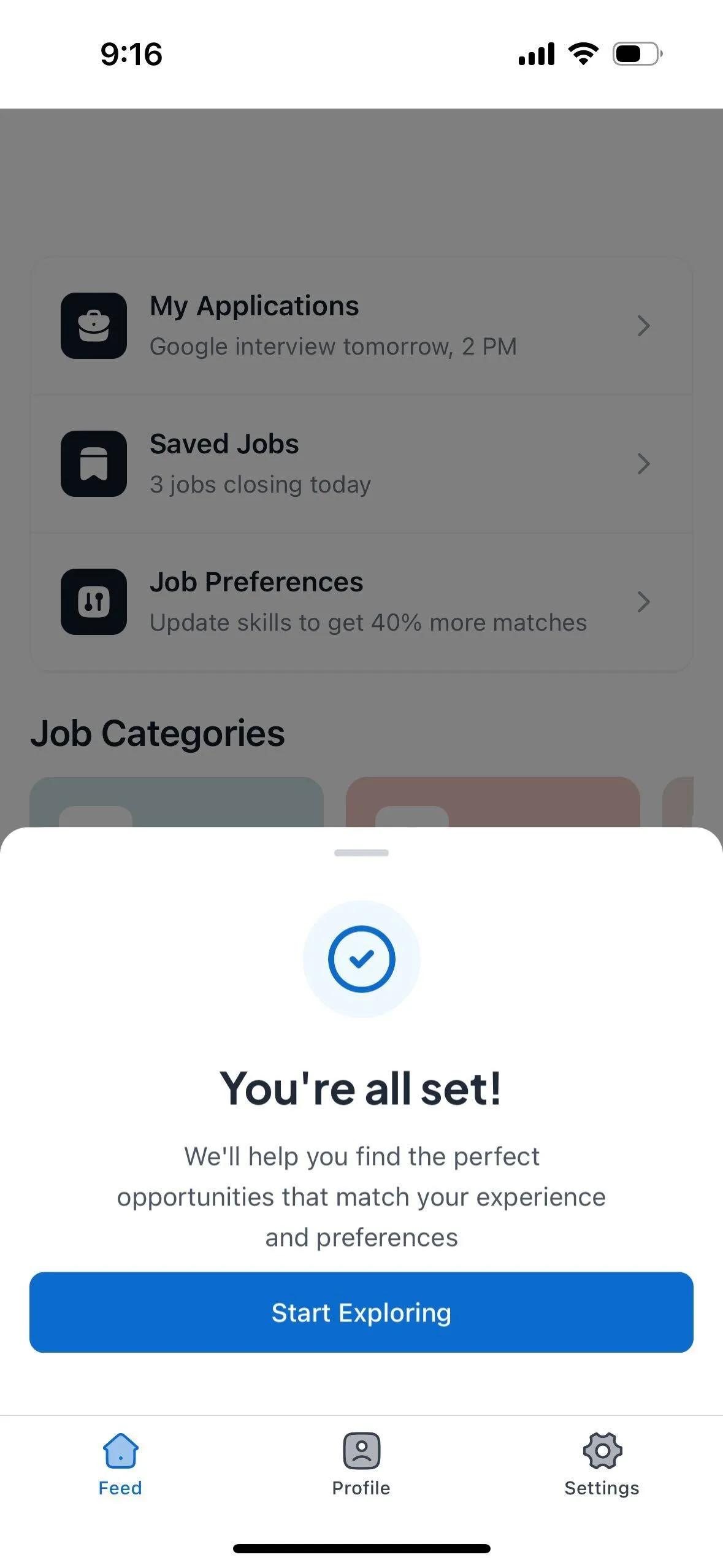 You're all set, over the feed, with a Start Exploring button