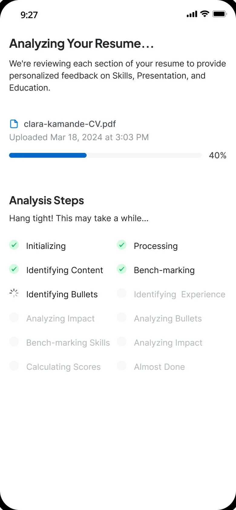 Analyzing Your Resume: the uploaded CV at 40%, and the analysis steps, four ticked off and Identifying Bullets in progress