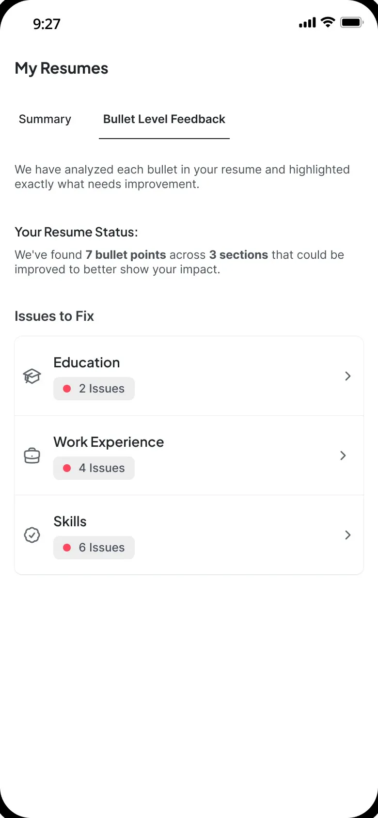 The Bullet Level Feedback tab: 7 bullet points across 3 sections could better show impact, with 2 issues in Education, 4 in Work Experience and 6 in Skills