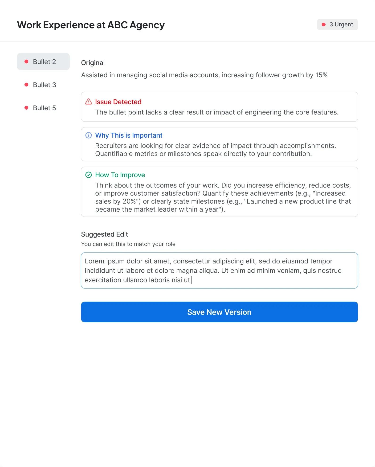 The bullet's feedback on desktop, in one modal beside the other bullets to fix: the original line about managing social media accounts, the issue detected, why it matters, how to improve it, and a suggested edit with Save New Version