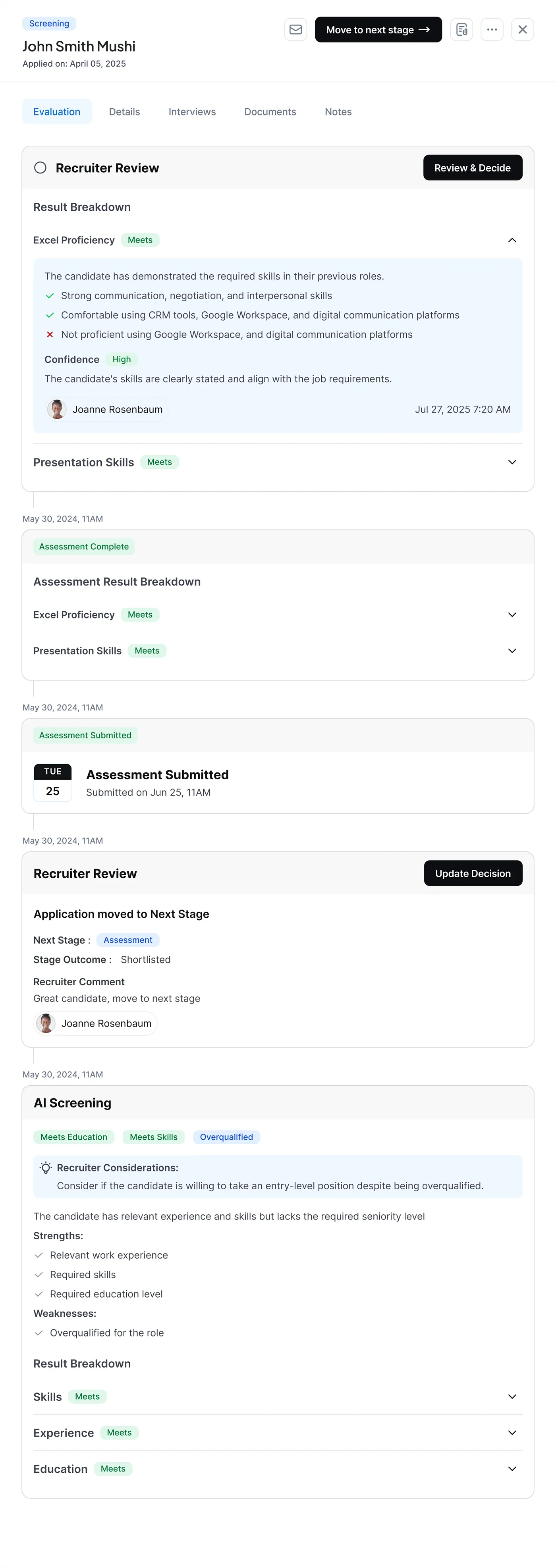 John Smith Mushi's candidate drawer on its Evaluation tab, newest first: the recruiter's review waiting on a decision, his assessment results and submission, his move to Assessment with the recruiter's comment, and the AI screening's strengths and weaknesses