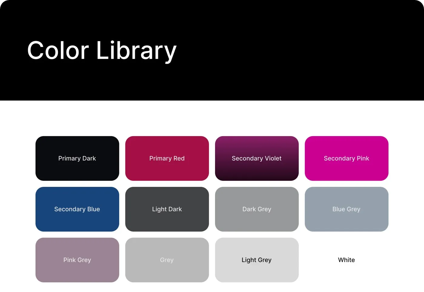 Pride's colour library: Primary Dark, Primary Red, Secondary Violet, Secondary Pink, Secondary Blue, Light Dark, Dark Grey, Blue Grey, Pink Grey, Grey, Light Grey and White