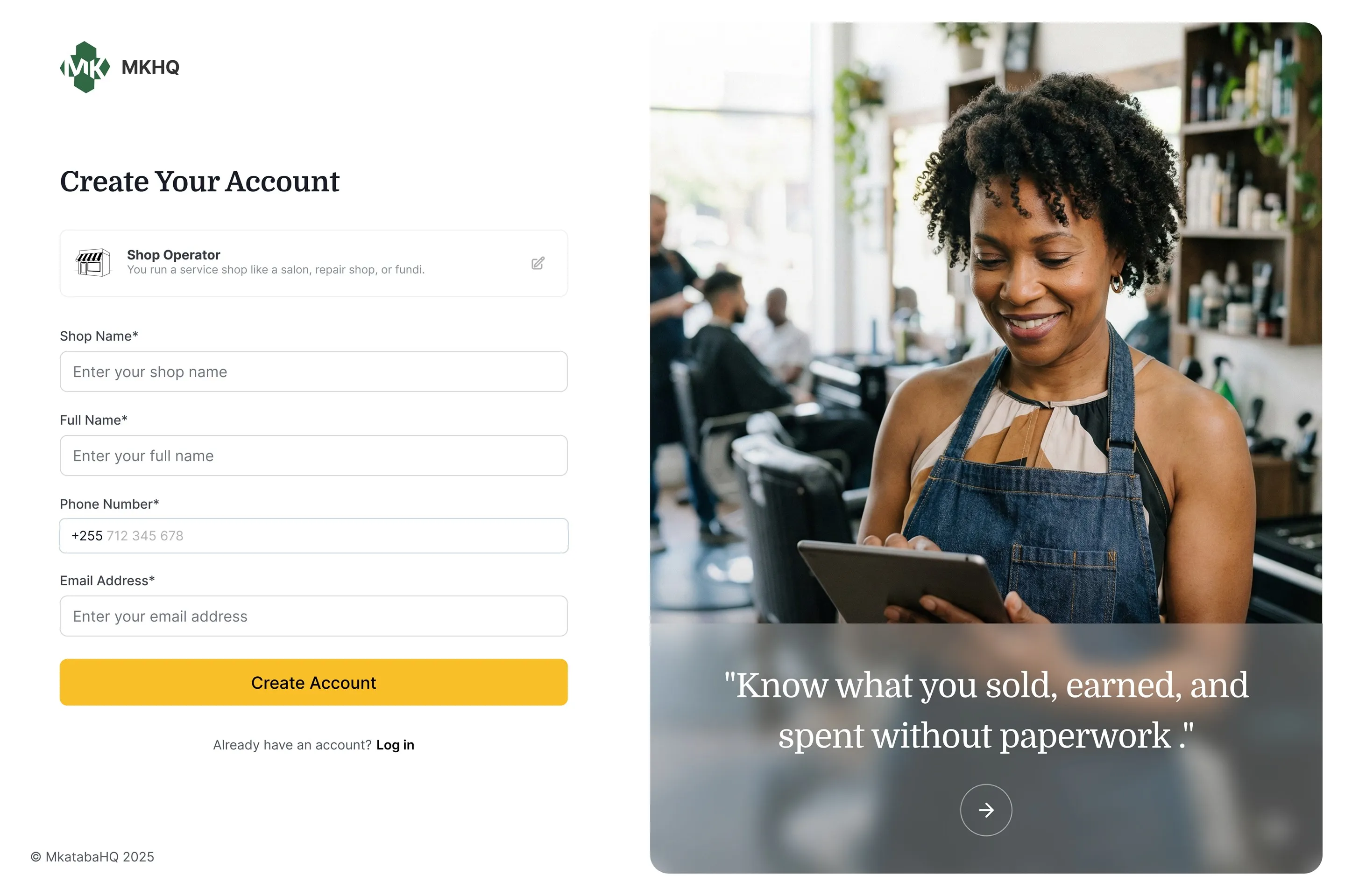 ShopXray's Create Your Account form, asking for a shop name, full name, phone number and email, beside a shop owner smiling at a tablet