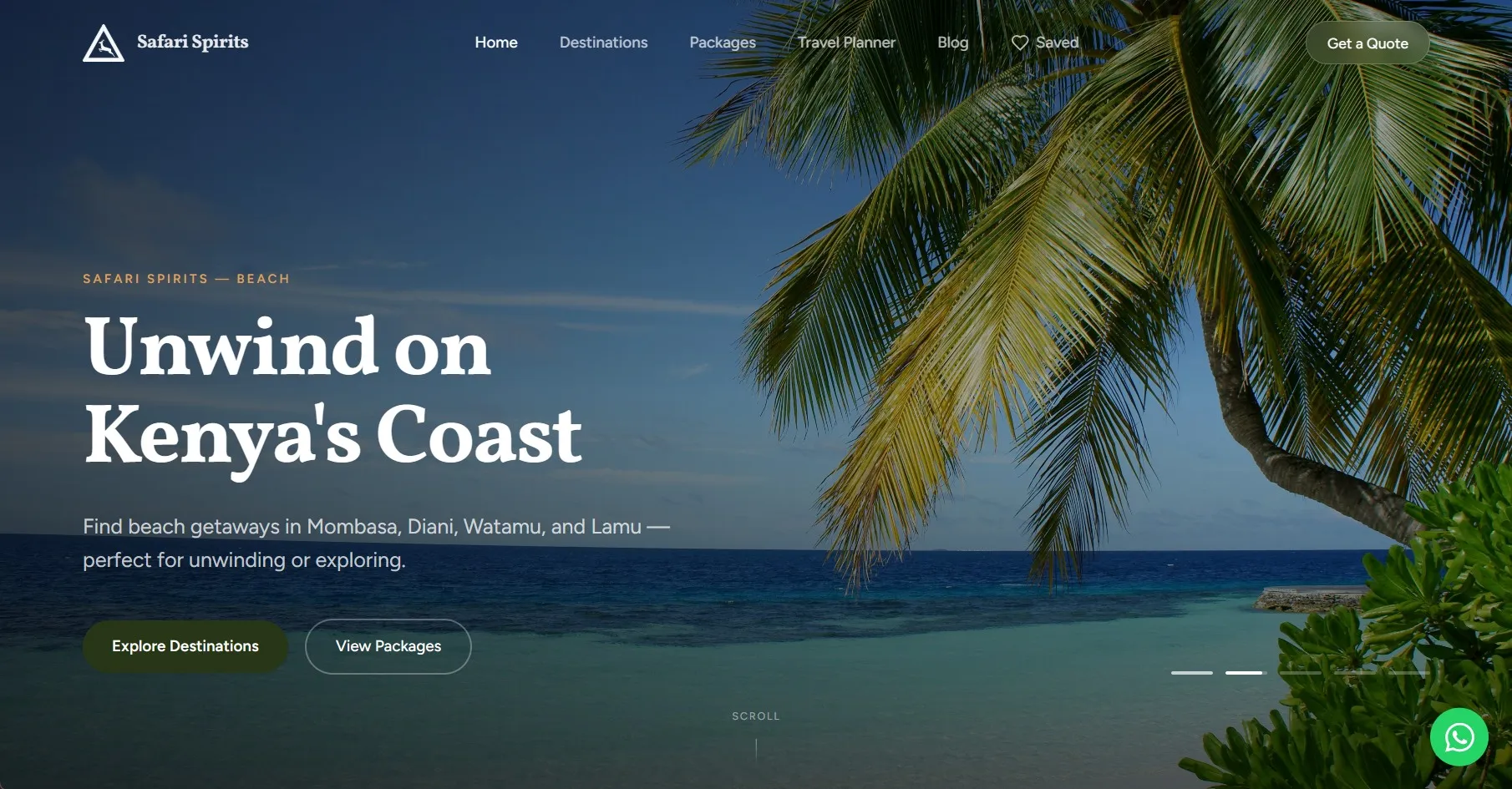 Safari Spirits homepage: Unwind on Kenya's Coast, beach getaways in Mombasa, Diani, Watamu and Lamu, with Explore Destinations and View Packages, over a palm tree and the sea