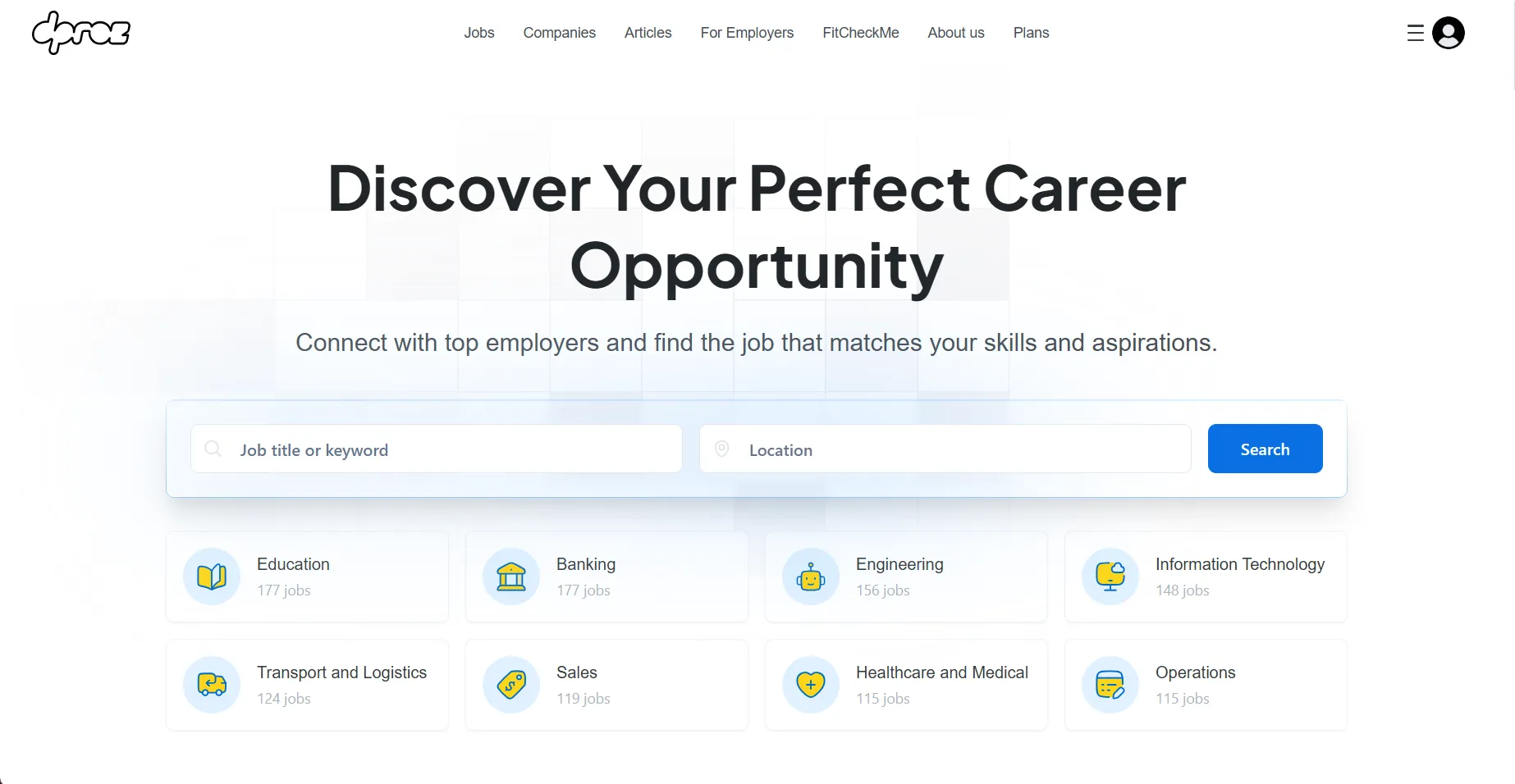 Dproz homepage with a job search and jobs grouped by category