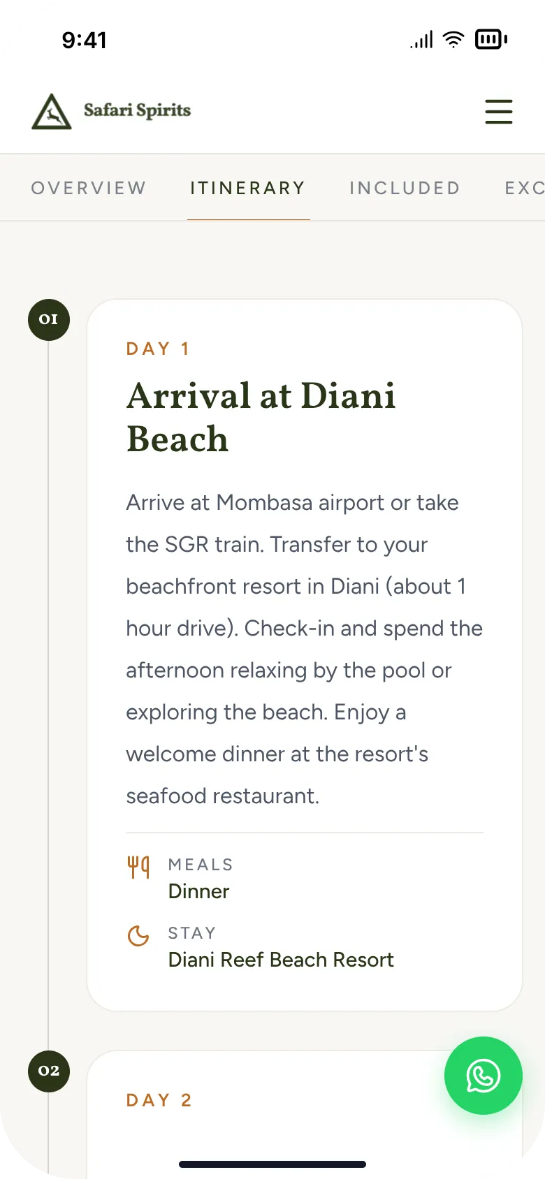 The package's itinerary: Day 1, Arrival at Diani Beach, from Mombasa airport or the SGR train to the resort, with dinner as the meal and Diani Reef Beach Resort as the stay
