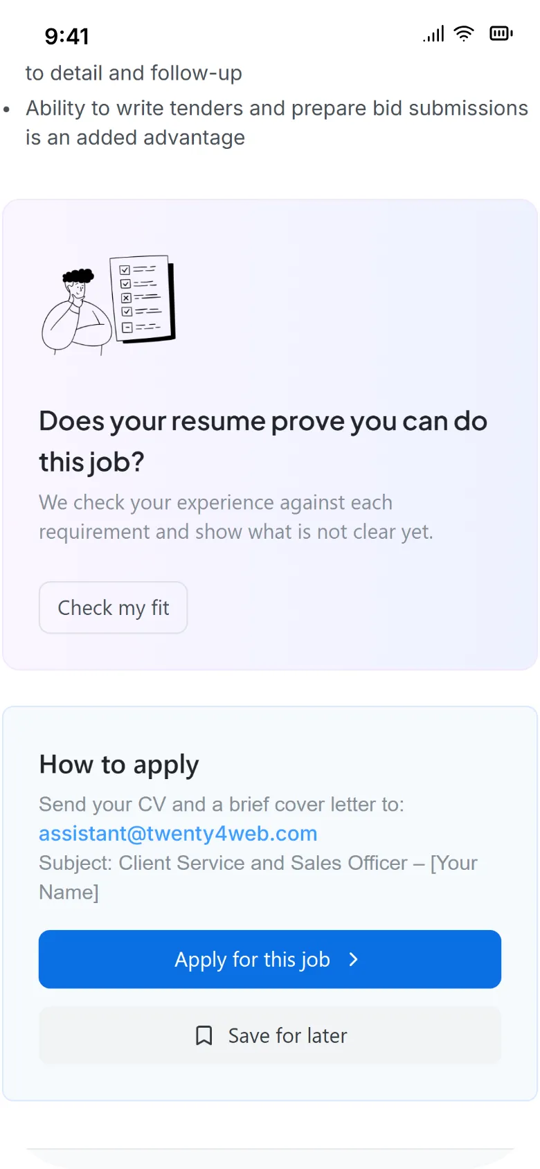 A Dproz job page on a phone. Under the requirements, a Fitcheck card asks “Does your resume prove you can do this job?” with a Check my fit button, just above How to apply