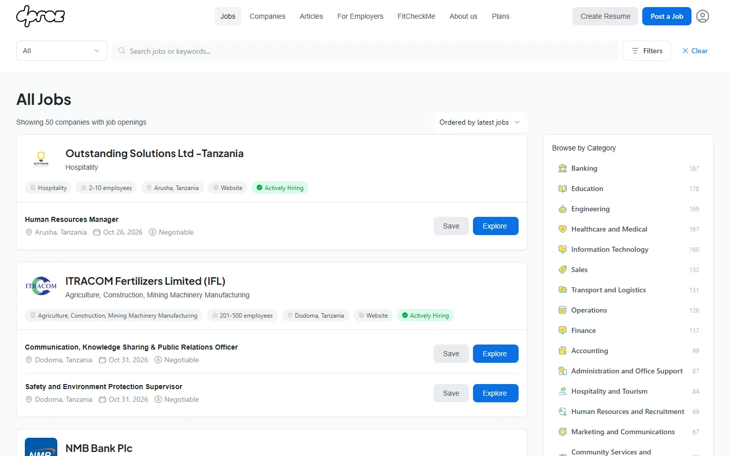 Dproz jobs page listing companies that are hiring, with jobs grouped by category