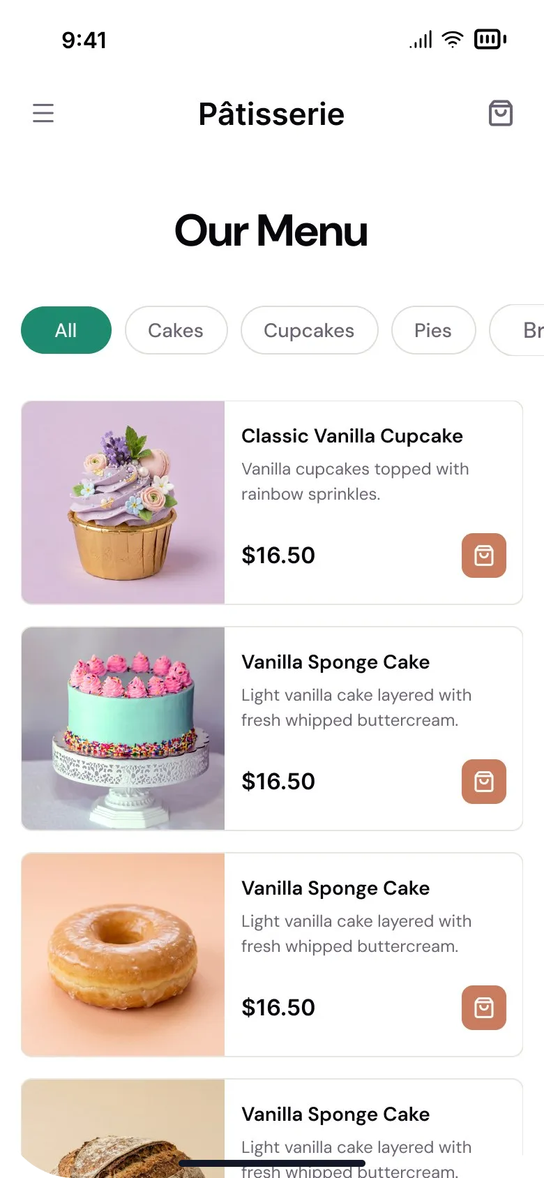 Our Menu on a phone: filter chips for All, Cakes, Cupcakes and Pies over product cards, each with a price and a cart button