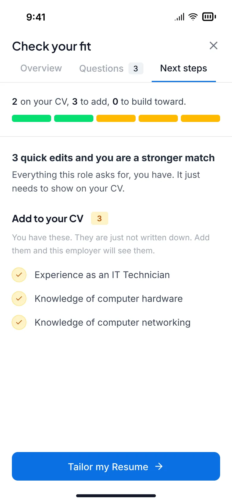 Fitcheck's next steps: 3 quick edits for a stronger match, listing the experience and knowledge to add to the CV