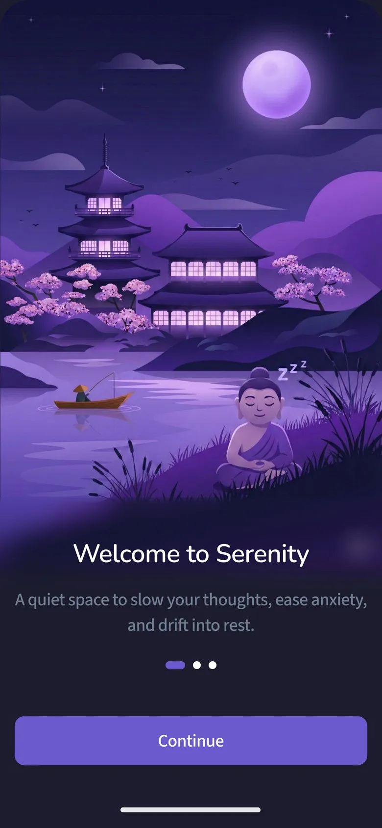 Welcome to Serenity: a moonlit pagoda, a fishing boat and a sleeping monk, over A quiet space to slow your thoughts, ease anxiety, and drift into rest., with a Continue button