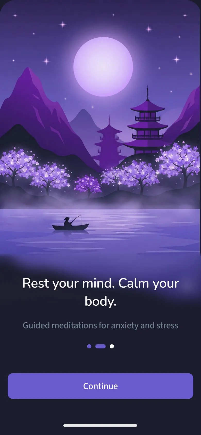 Rest your mind. Calm your body.: a full moon over misty mountains and a lake, with Guided meditations for anxiety and stress