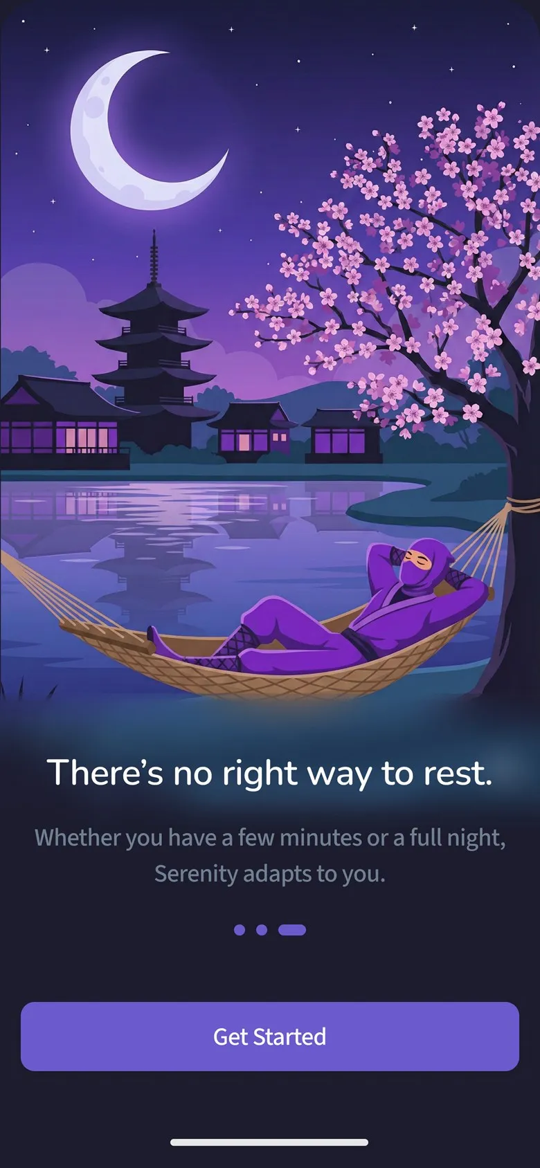 There's no right way to rest.: someone asleep in a hammock under cherry blossoms, with Whether you have a few minutes or a full night, Serenity adapts to you., and a Get Started button