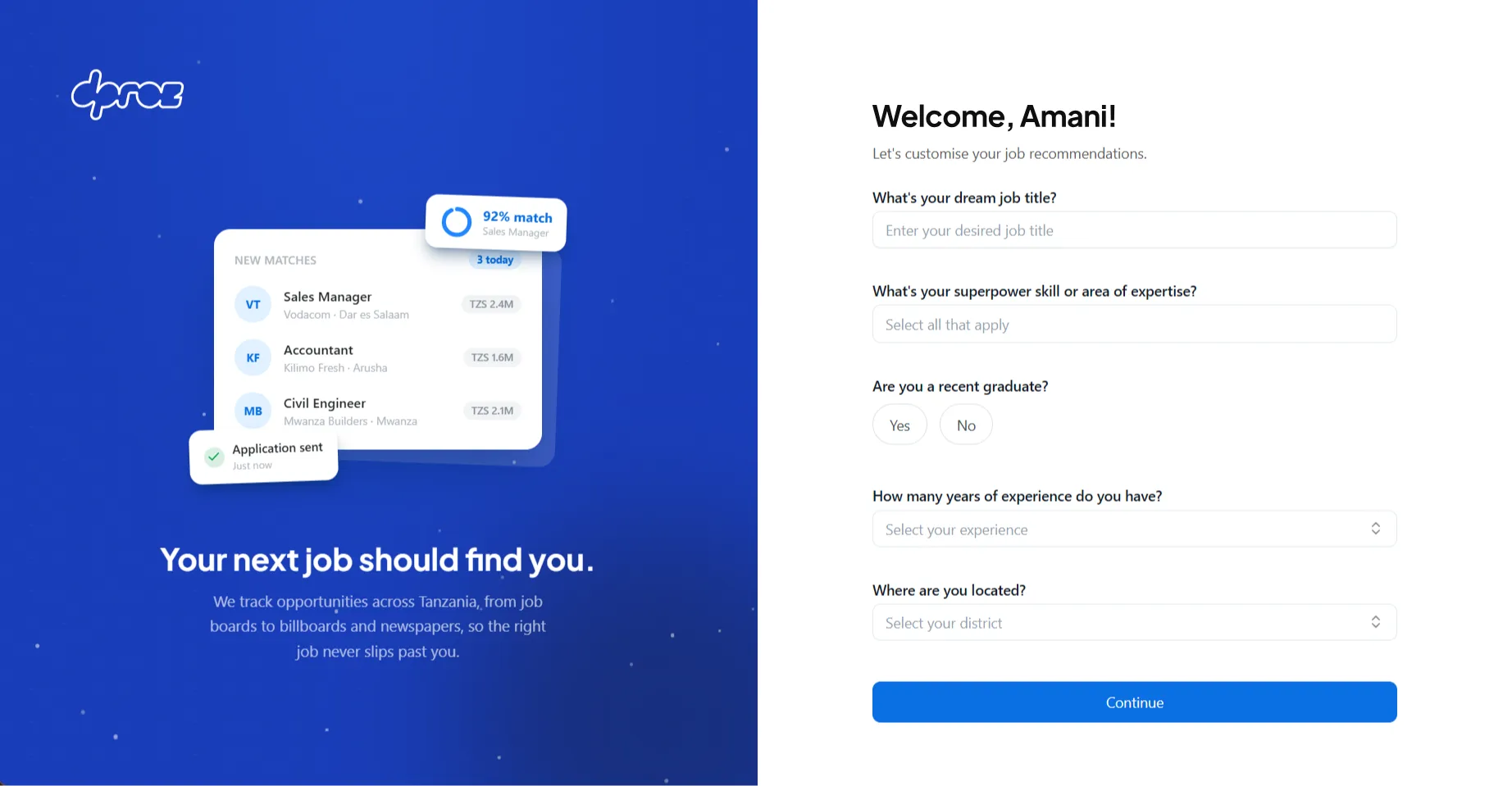 Dproz web onboarding: Welcome, Amani, with questions to tailor job recommendations