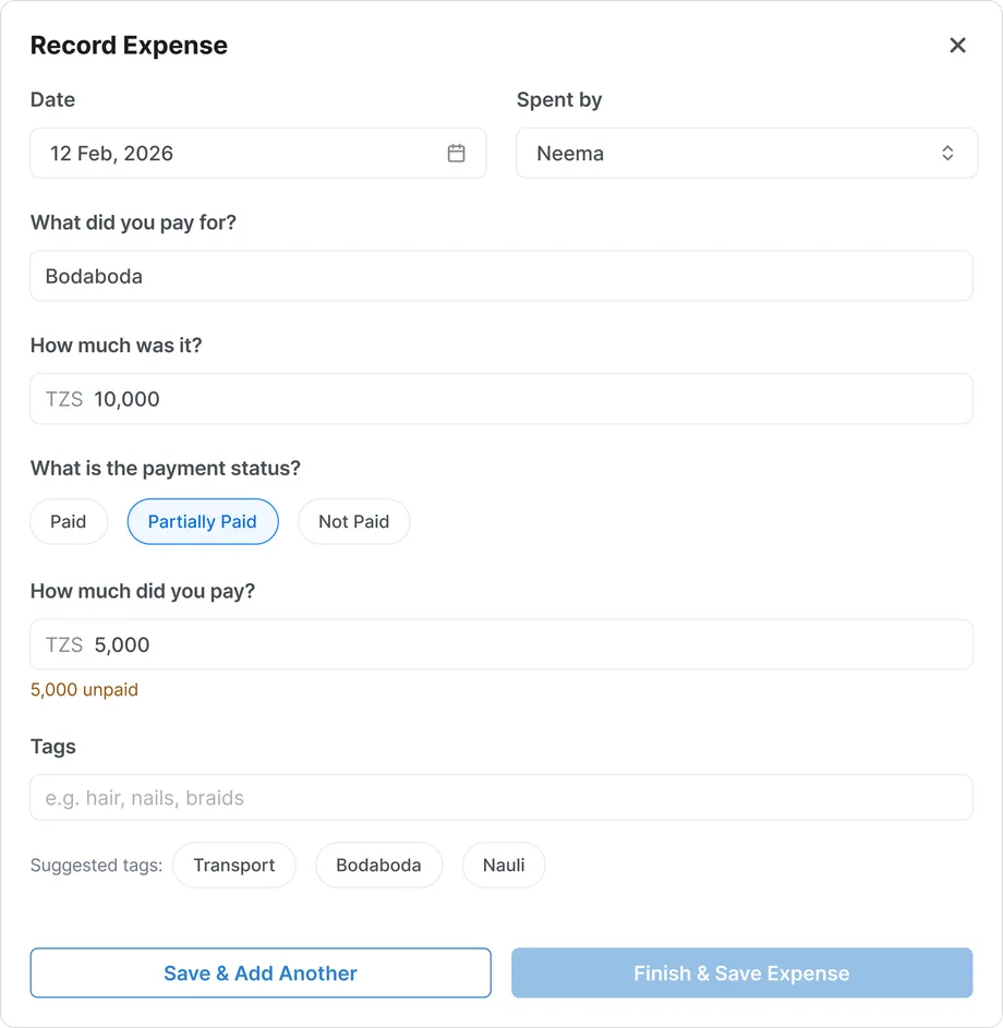 ShopXray's Record Expense form: a 10,000 bodaboda ride, partly paid with 5,000, with suggested tags