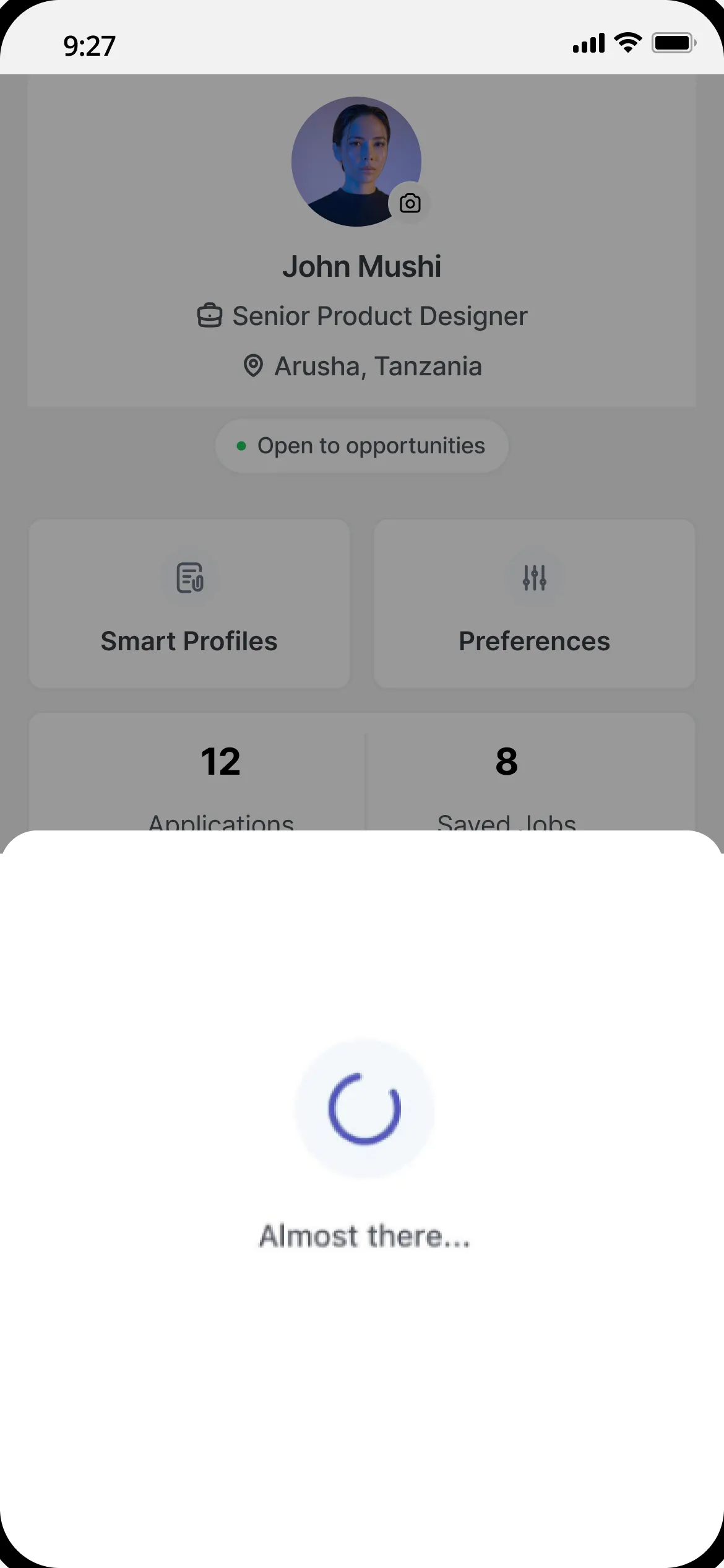 A job seeker's new profile loading under an Almost there sheet