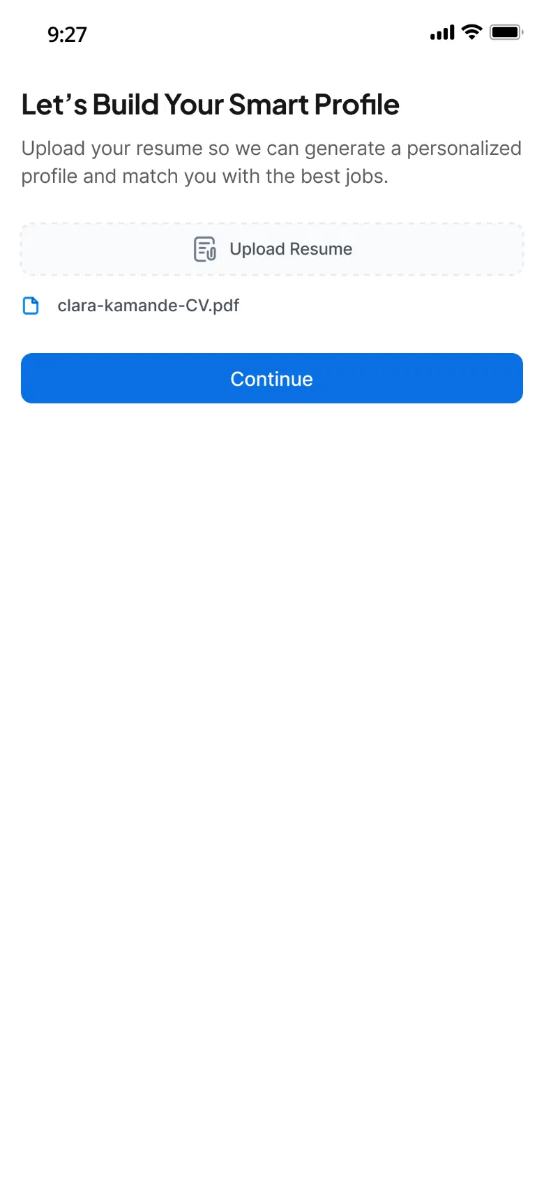 Let's Build Your Smart Profile, with a CV uploaded and a Continue button