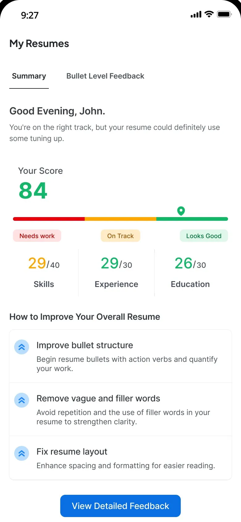 The Summary tab: a score of 84, with skills at 29/40, experience at 29/30 and education at 26/30, then three ways to improve: bullet structure, filler words and layout