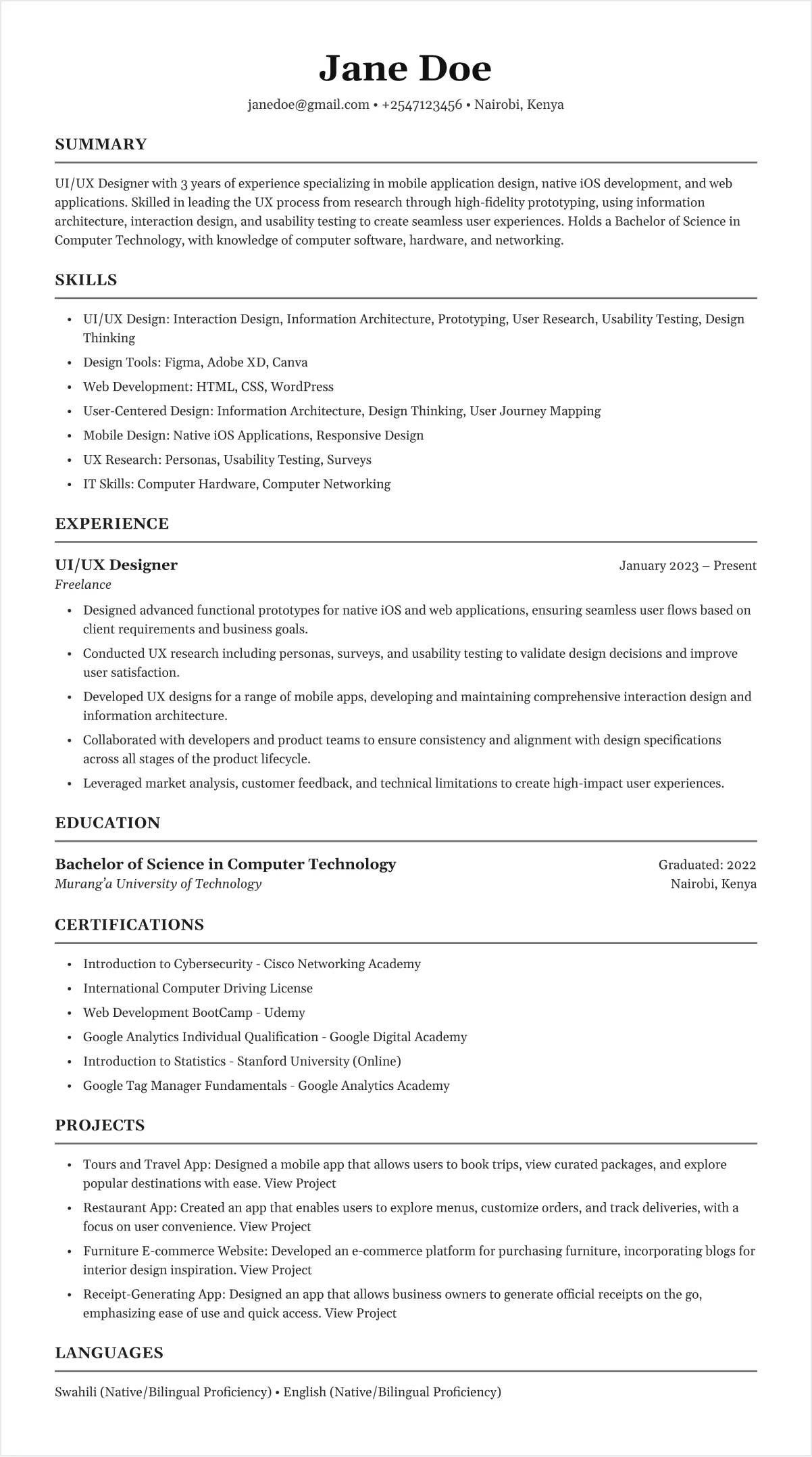 A tailored one-page resume for Jane Doe, a UI/UX designer, with her summary, skills, experience, education, certifications and projects