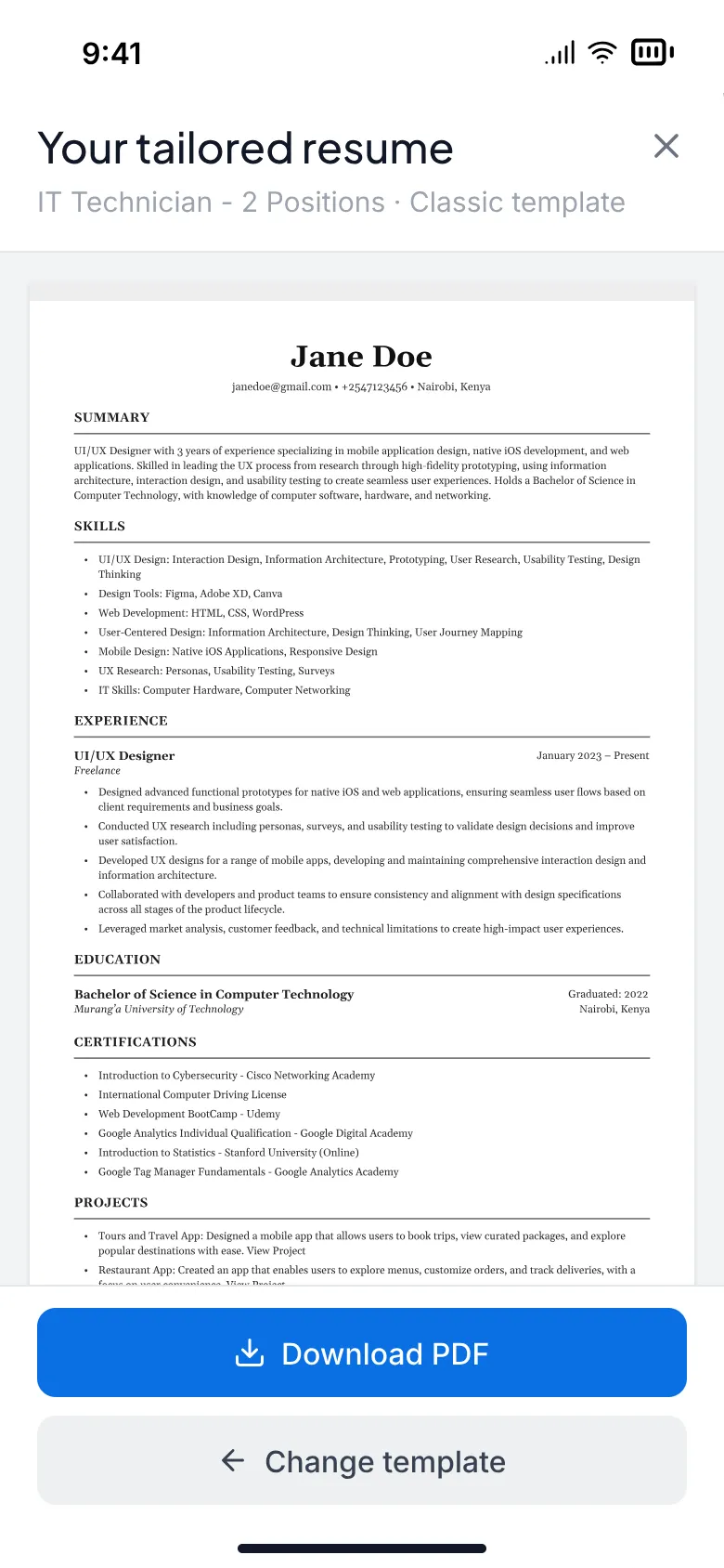 Your tailored resume for IT Technician, 2 positions, in the Classic template, with Download PDF and Change template buttons