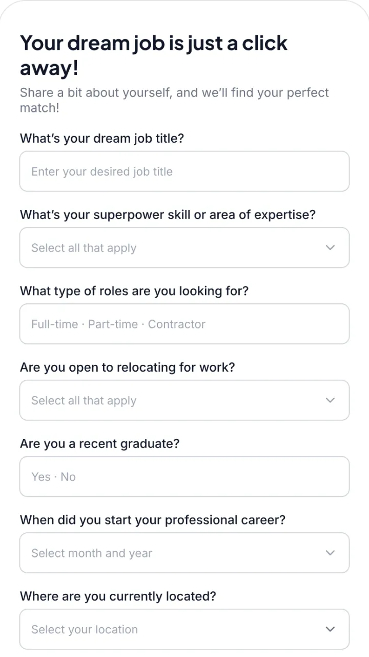 The old sign-up form, asking for a dream job title, skills, role types, relocation, graduate status, career start and location