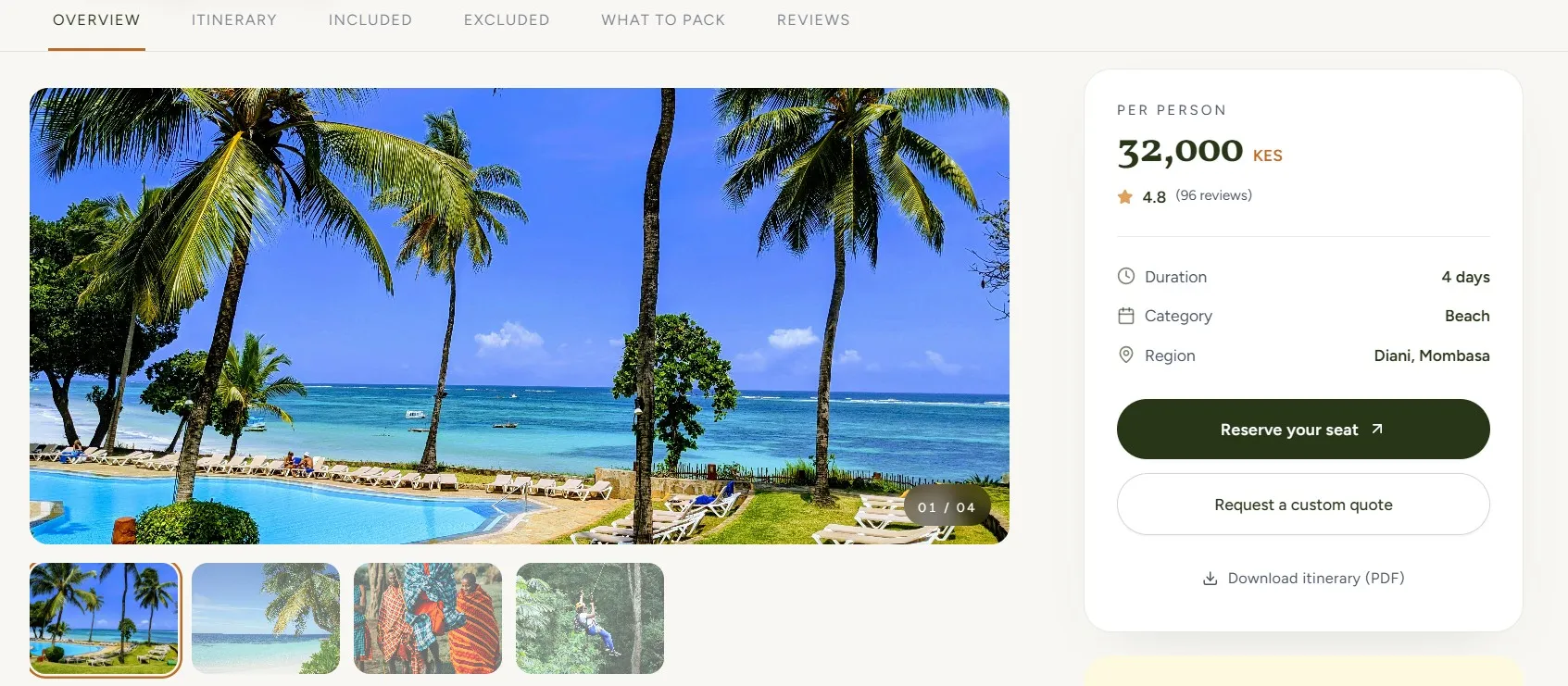 The package's price card: 32,000 KES per person, rated 4.8 from 96 reviews, 4 days at the beach in Diani, Mombasa, with Reserve your seat and Request a custom quote