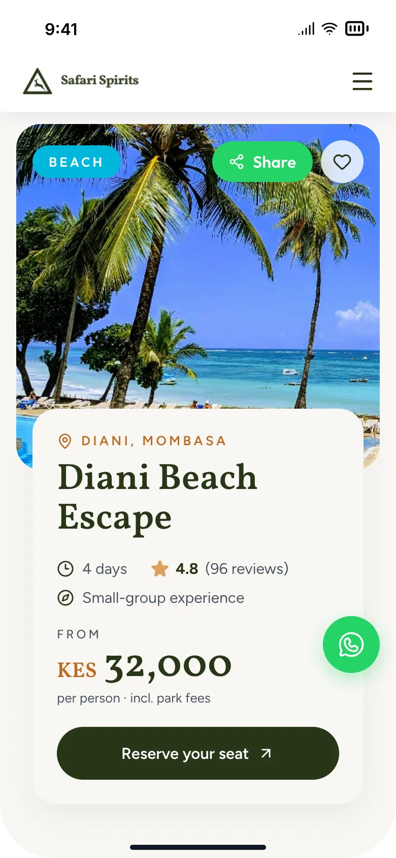 The Diani Beach Escape package: palm trees over the beach, 4 days, rated 4.8 from 96 reviews, a small-group experience from KES 32,000 per person including park fees, and Reserve your seat