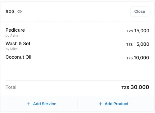 Visit #03: pedicure, wash and set, and coconut oil, totalling TZS 30,000