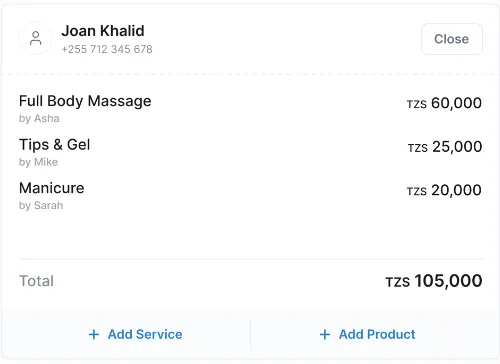 Joan Khalid's visit: full body massage, tips and gel, and a manicure, totalling TZS 105,000