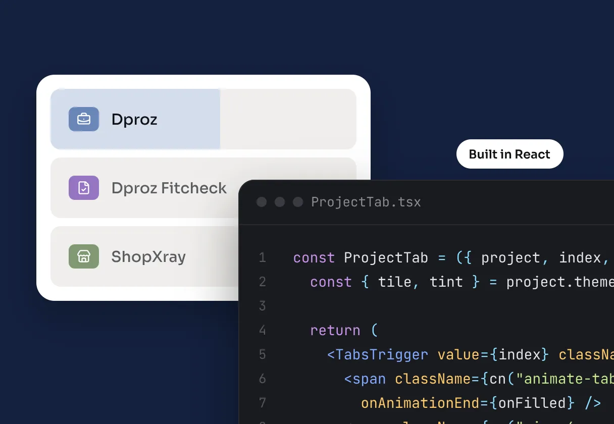 The project tabs as designed, next to their React code