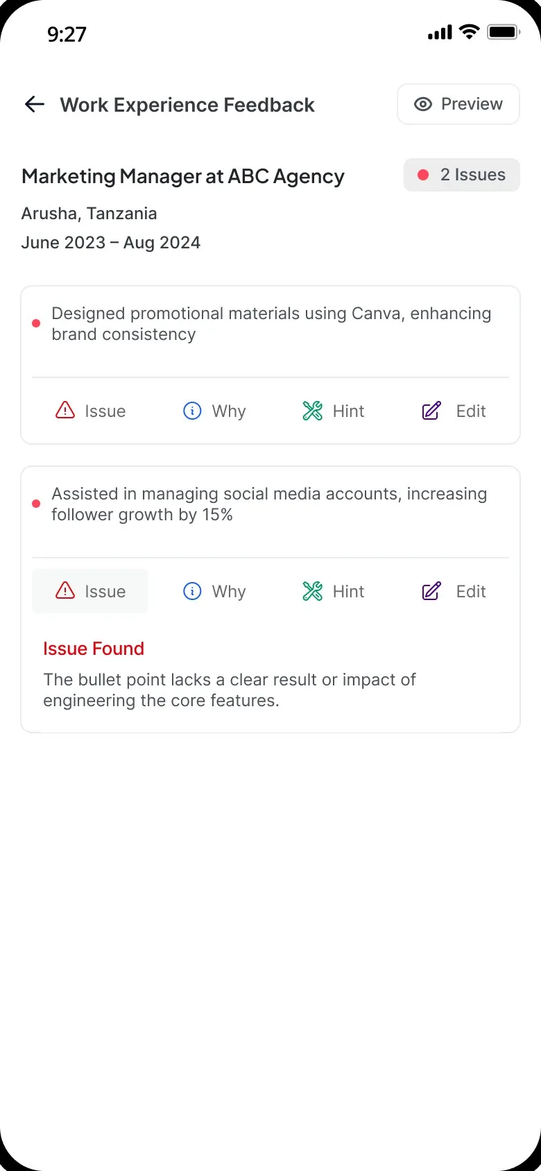 Work Experience Feedback for a marketing manager at ABC Agency: a bullet about managing social media accounts, open on its Issue tab, which says it lacks a clear result or impact