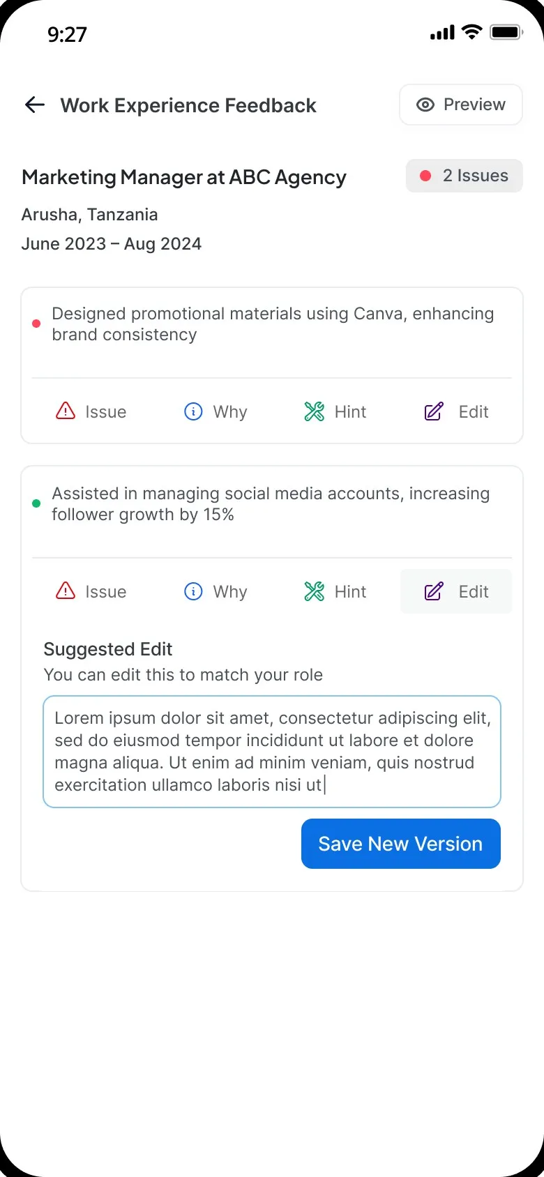 The bullet on its Edit tab: a suggested edit to match the role, with Save New Version